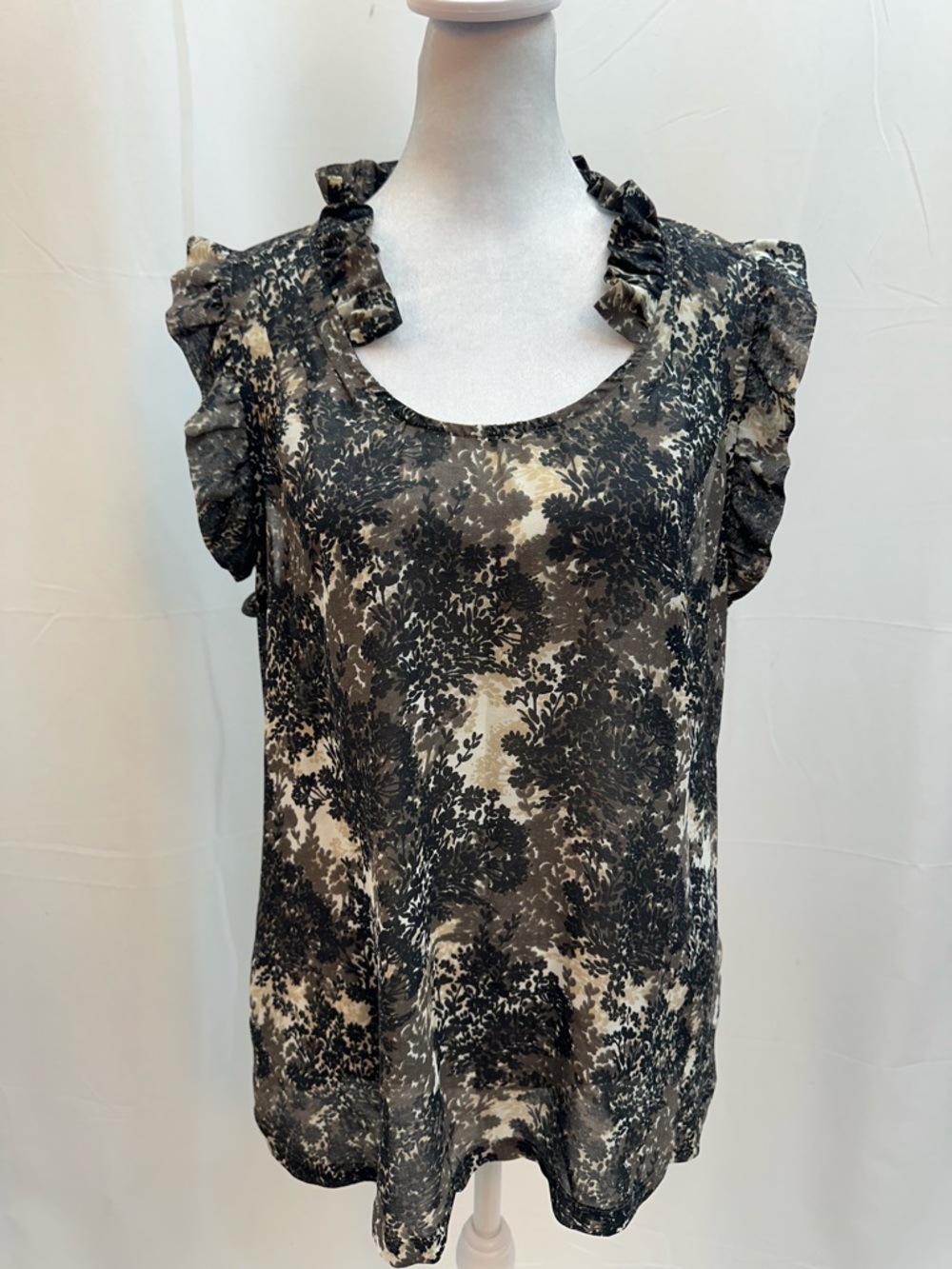 Converse Floral Ruffle Scoop Neck Blouse Sheer Top - Black,Brown and tan L